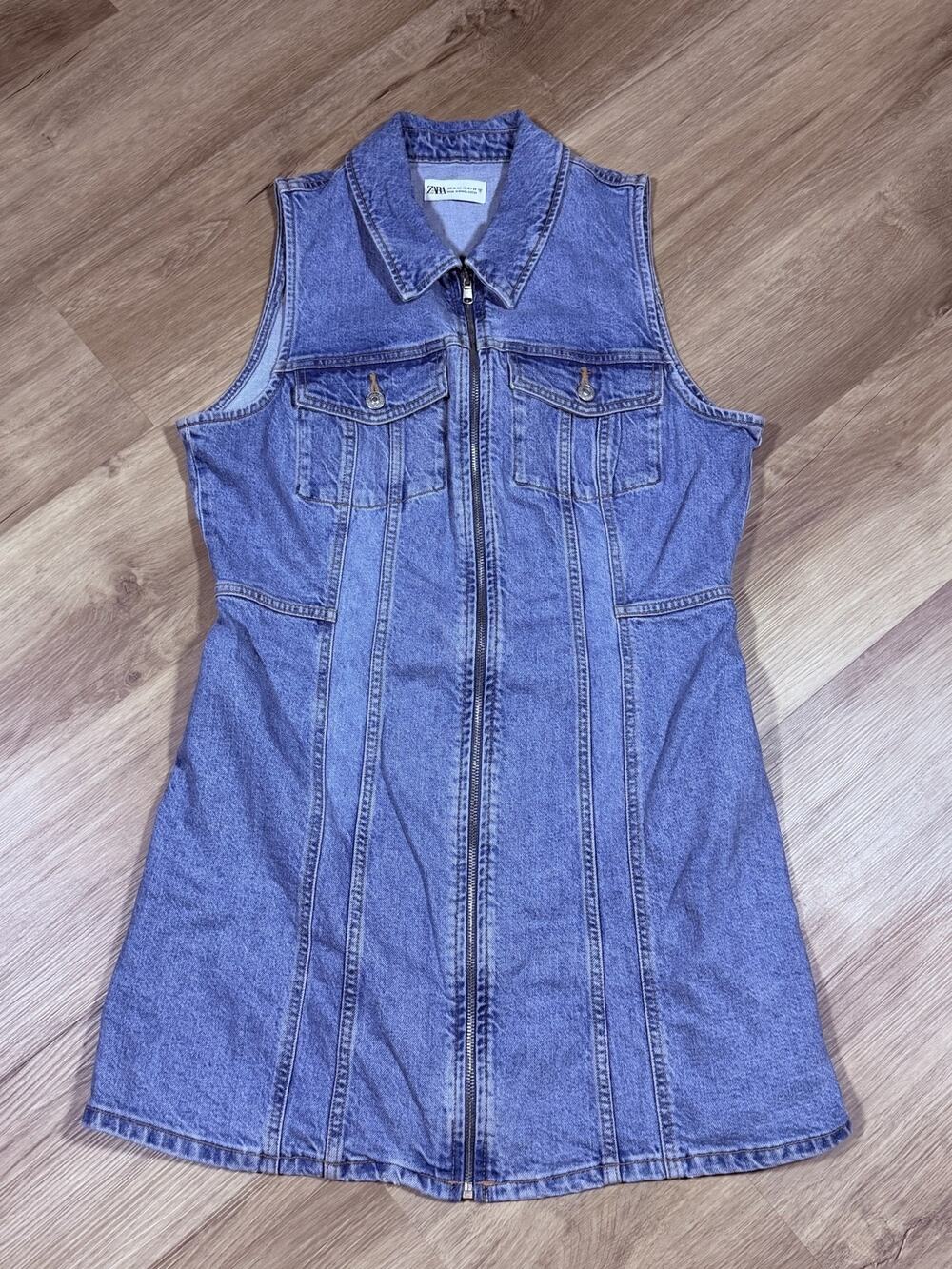 Zara Denim Sleeveless Zip Front Mini Dress Womens XL Blue Collared